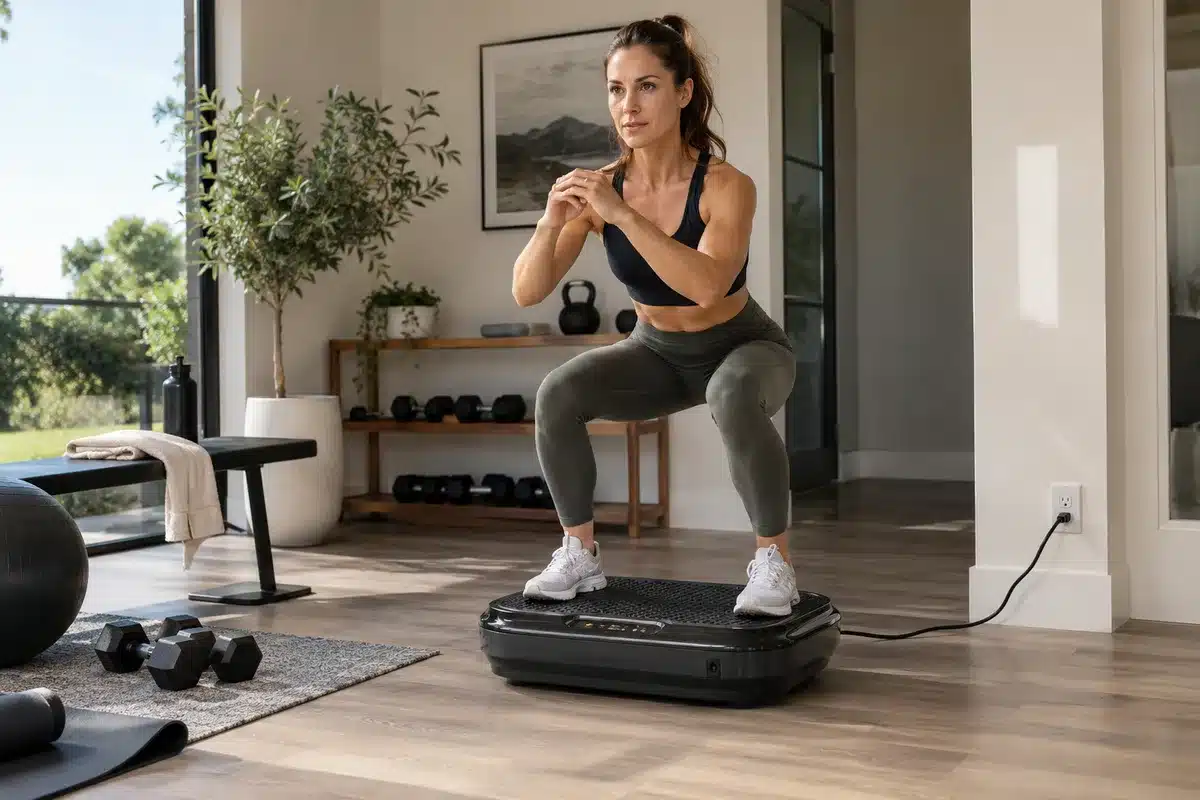 Athletic woman performing a controlled squat on a vibration plate in a bright home gym with dumbbells and exercise accessories.