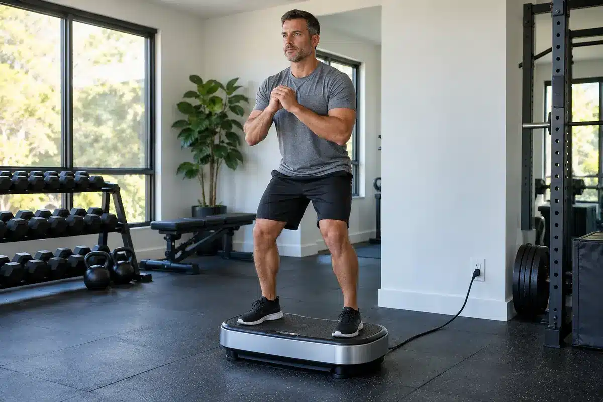 Man standing on a vibration plate with feet shoulder-width apart and knees slightly bent in a modern home gym.