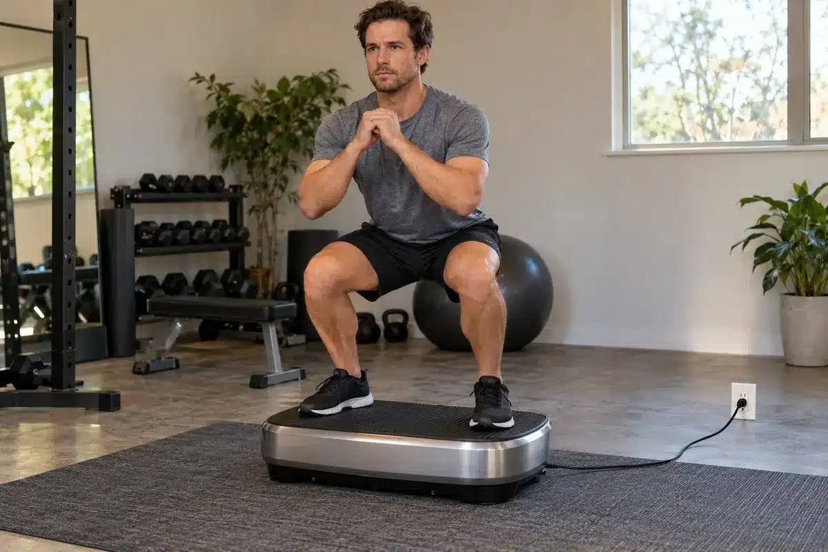Athletic man holding a squat position on a vibration plate with knees bent and feet shoulder-width apart in a home gym.