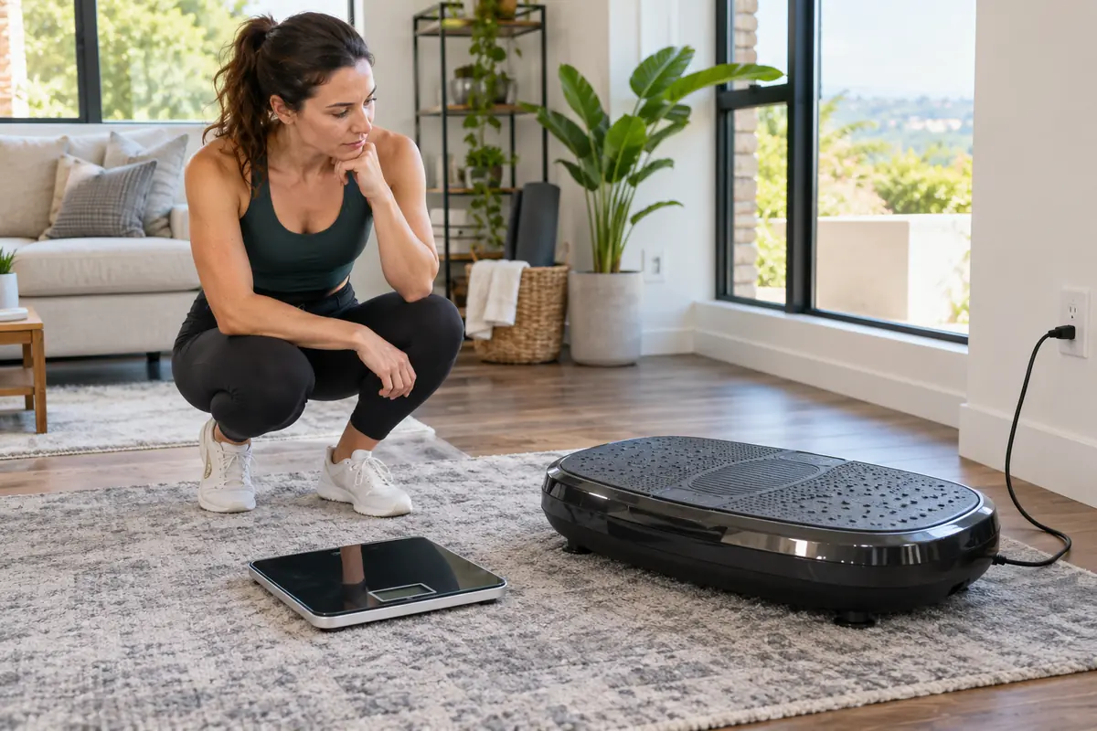 Woman in a home fitness room comparing a digital body weight scale with a vibration plate before exercising.