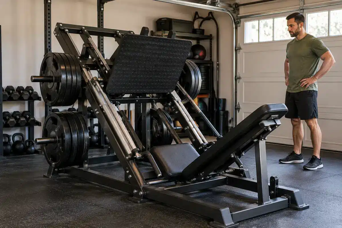 Large plate-loaded leg press machine occupying substantial floor space in a garage gym, with a man standing beside it.