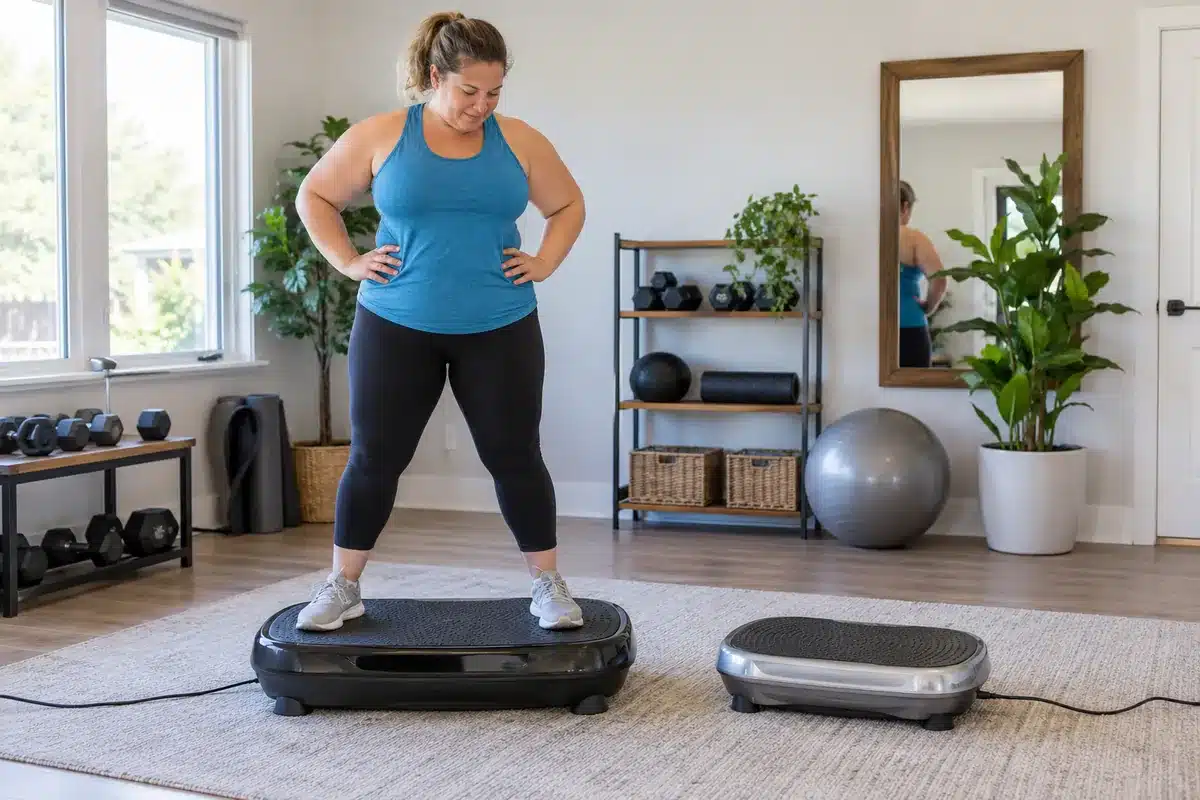 Plus-size woman standing on a wide vibration plate beside a smaller model, demonstrating differences in platform size and standing space.