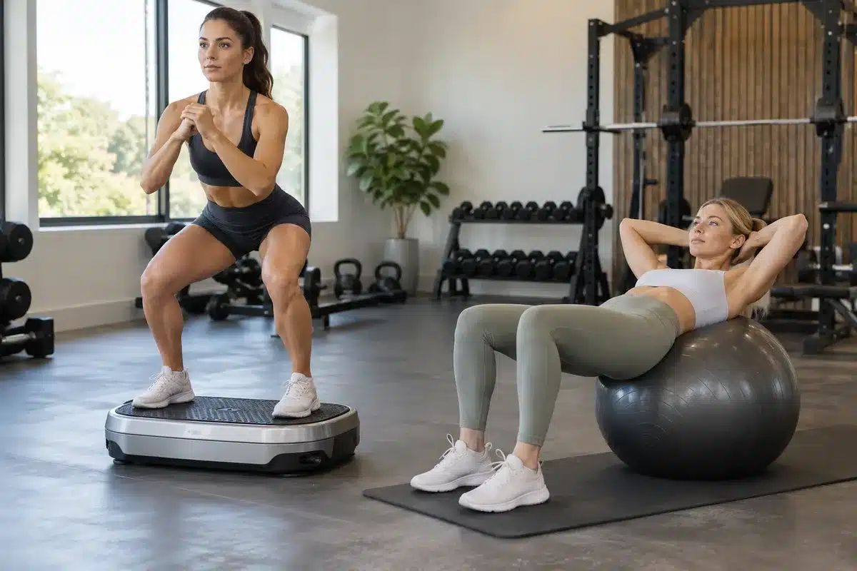 Two women exercising in a modern gym, one performing squats on a vibration plate and the other doing abdominal exercises on a fitness ball.