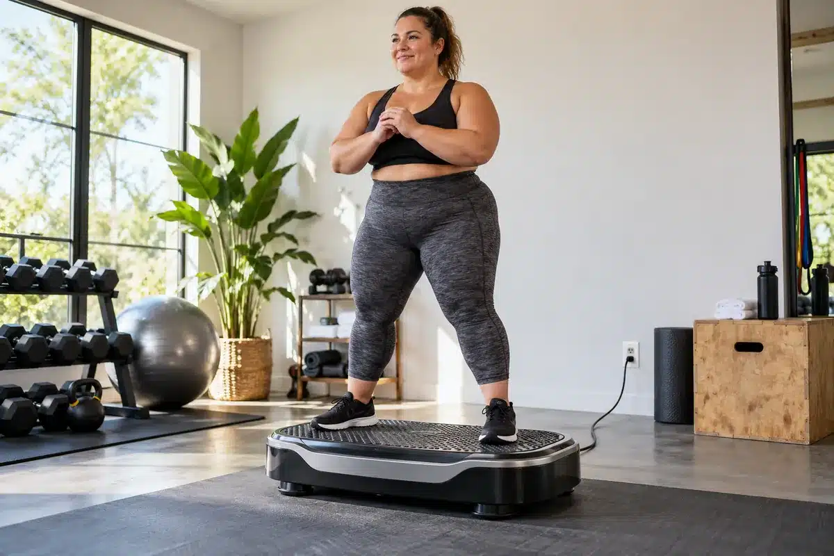 Plus-size woman standing comfortably on a sturdy, high-capacity vibration plate in a bright home gym.