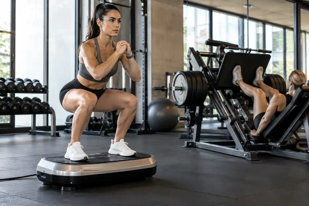 Woman performing squats on a vibration plate while another woman uses a weighted leg press machine in a modern gym.
