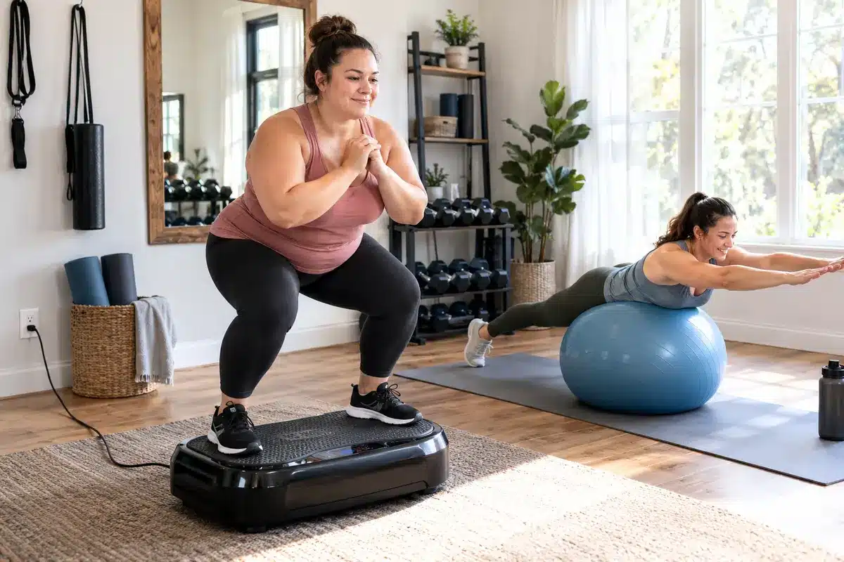 Plus-size woman performing squats on a vibration plate while another woman practices core stability exercises on a blue fitness ball in a home gym.