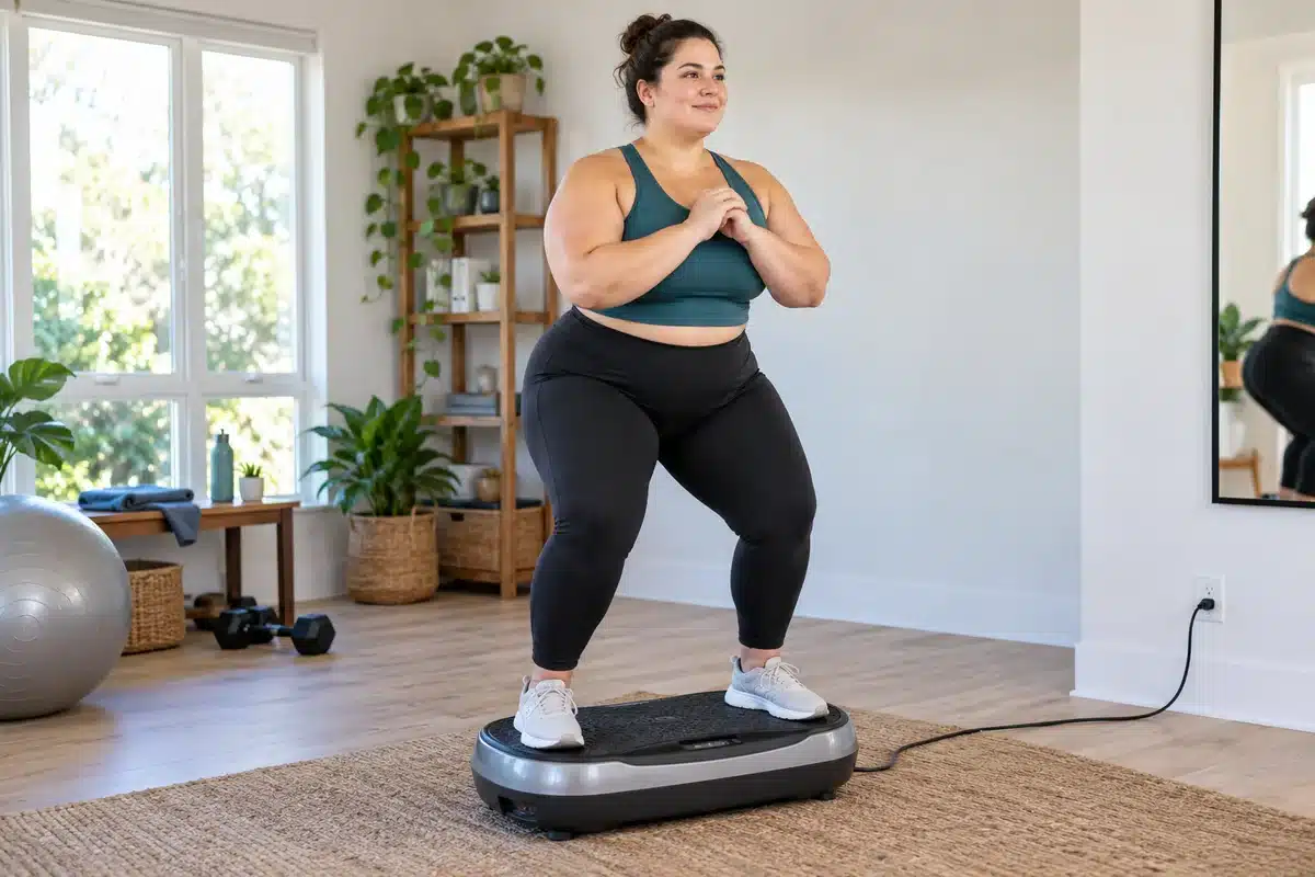 Plus-size woman performing a gentle squat on a vibration plate in a bright home fitness room.