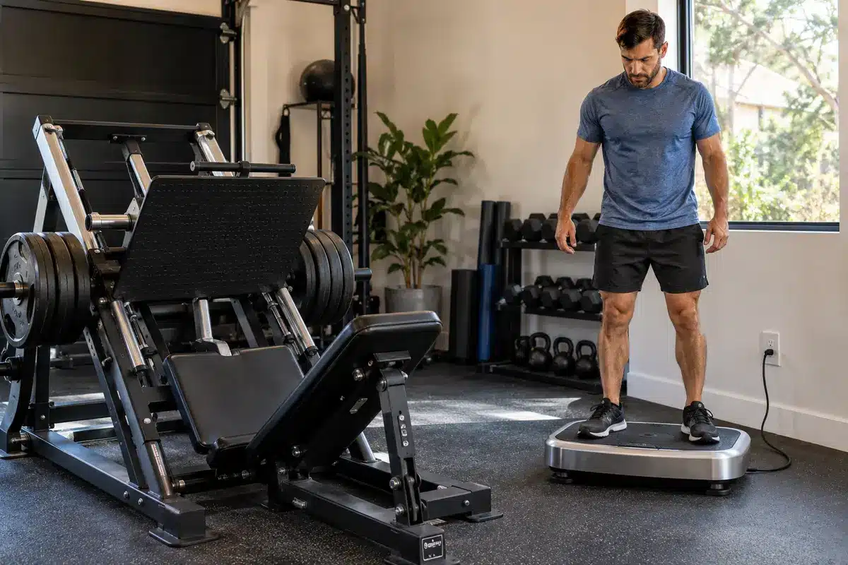 Man standing on a vibration plate beside a heavy-duty leg press machine in a home gym, demonstrating complementary leg training equipment.