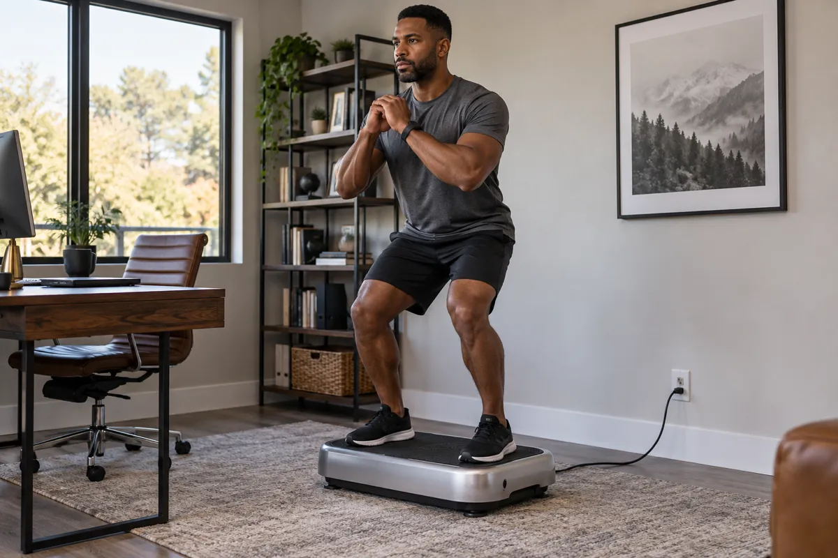 A man exercising in a squat position on a vibration plate in a home office workout space.