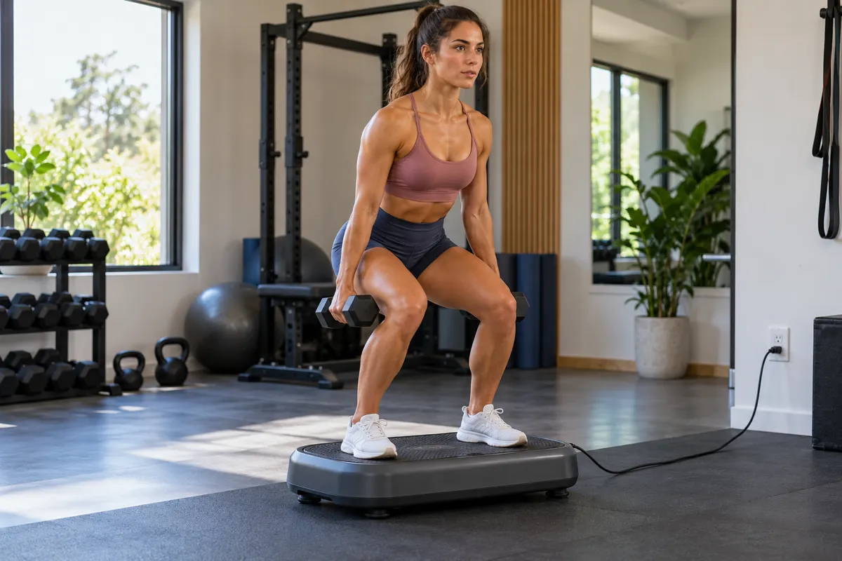 A man standing in a squat position on a vibration plate in a bright home gym.