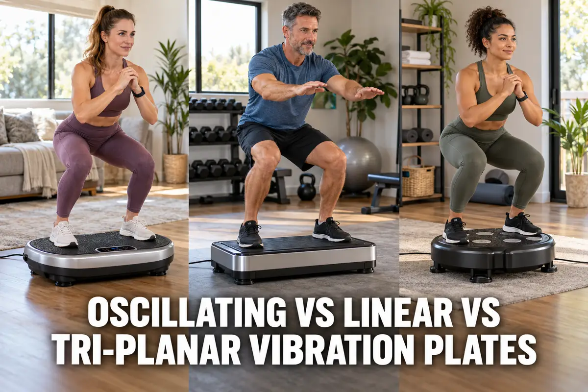A person standing on a vibration plate used to compare oscillating, linear, and tri-planar vibration training styles.