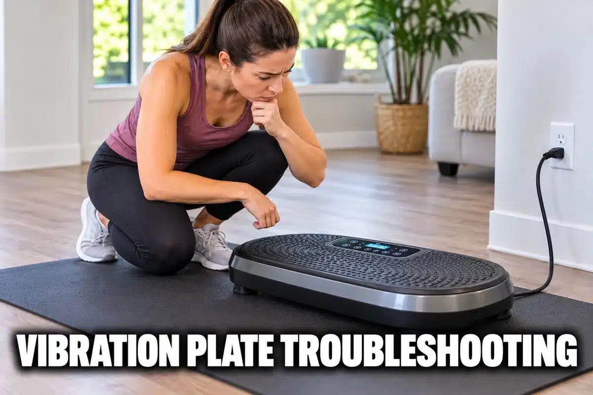 Woman kneeling beside a low-profile vibration plate in a home workout area, looking puzzled at its control panel while the power cord is plugged into the wall.