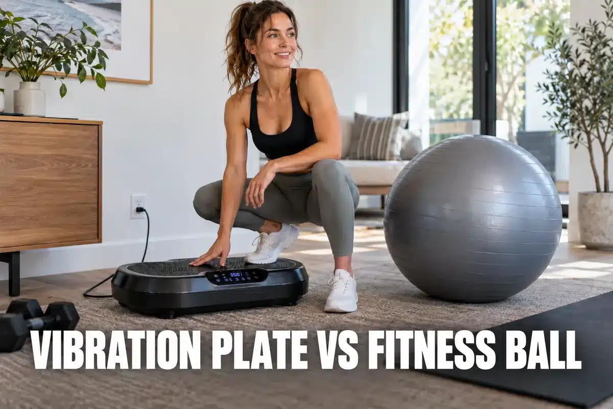 Woman in a bright home fitness room crouching beside a vibration plate and a large gray fitness ball for an exercise equipment comparison.