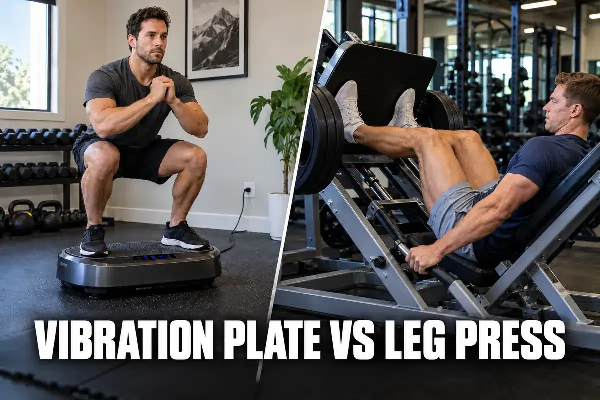 Side-by-side comparison of a man performing squats on a vibration plate and another man using a leg press machine in a gym.