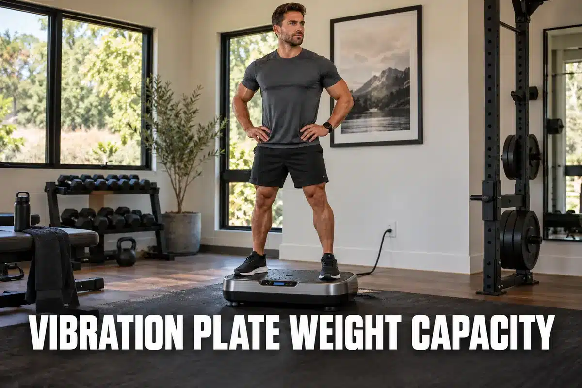 Athletic man standing on a vibration plate in a modern home gym, demonstrating the machine's weight-bearing capacity.