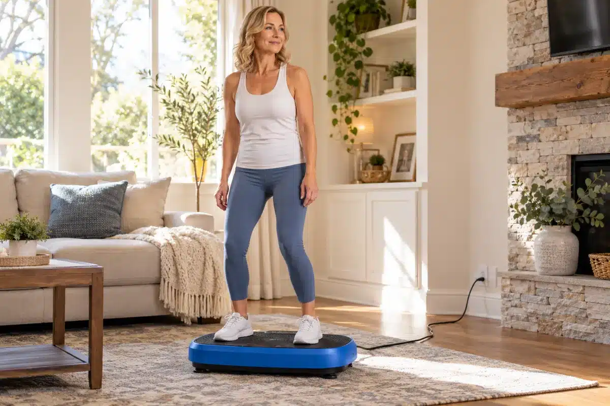 A woman standing comfortably on a vibration plate in a sunlit living room.
