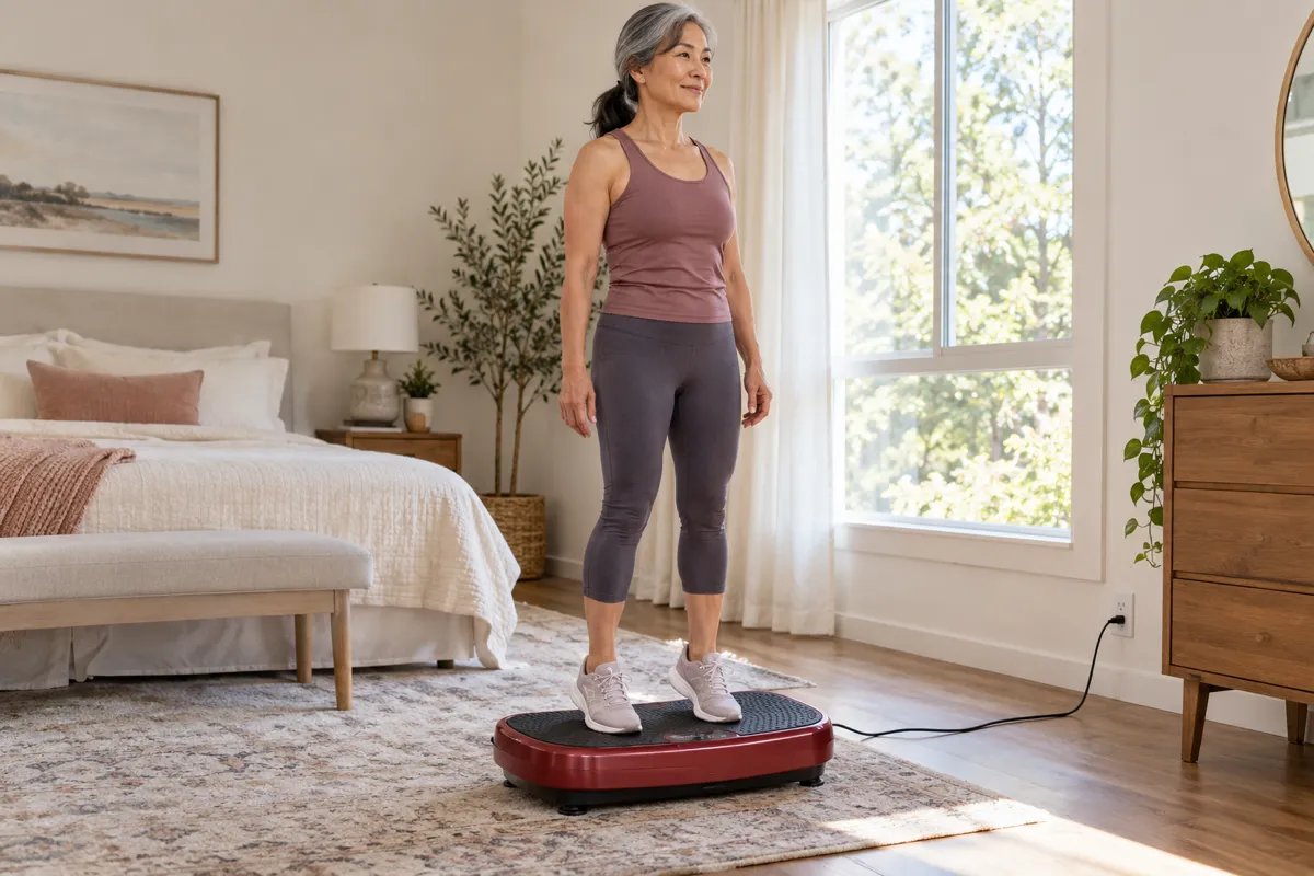 An older woman standing on a vibration plate in a bright bedroom wellness setting.