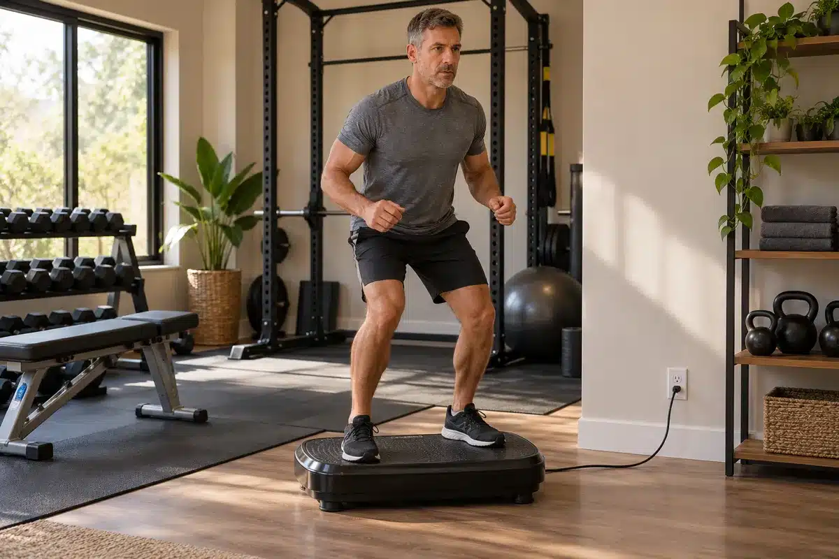A woman holding dumbbells while squatting on a vibration plate in a modern home gym.